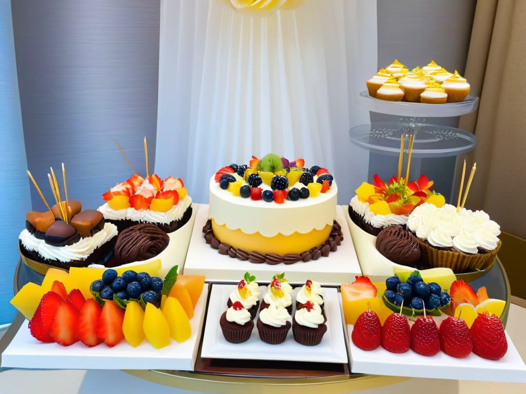  An exquisitely decorated dessert table featuring an array of colorful and decadent sweets arranged on elegant platters and stands. The table is adorned with a variety of sugarfree and diabeticfriendly treats such as fruit skewers, mini cheesecakes, chocolate truffles, and beautifully decorated cupcakes with sugarfree frosting. The backdrop is a tastefully decorated party setting with balloons, streamers, and floral arrangements, creating a festive and inviting atmosphere. hyperrealistic, full body, detailed clothing, highly detailed, cinematic lighting, stunningly beautiful, intricate, sharp focus, f/1. 8, 85mm, (centered image composition), (professionally color graded), ((bright soft diffused light)), volumetric fog, trending on instagram, trending on tumblr, HDR 4K, 8K