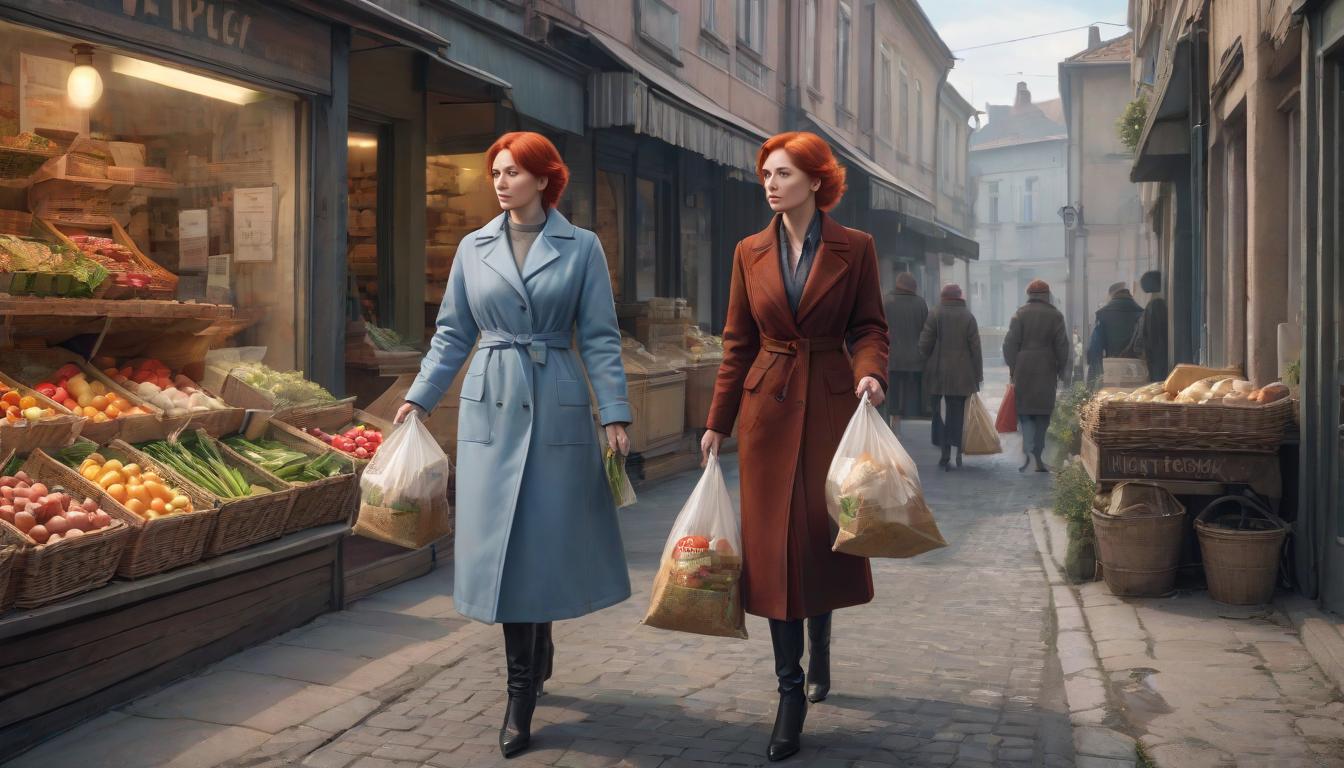  hyperrealistic art Gorkovskaya street, a mother and daughter with red hair, bags of groceries in their hands, walking out of the shop, house, trees. . extremely high resolution details, photographic, realism pushed to extreme, fine texture, incredibly lifelike hyperrealistic, full body, detailed clothing, highly detailed, cinematic lighting, stunningly beautiful, intricate, sharp focus, f/1. 8, 85mm, (centered image composition), (professionally color graded), ((bright soft diffused light)), volumetric fog, trending on instagram, trending on tumblr, HDR 4K, 8K