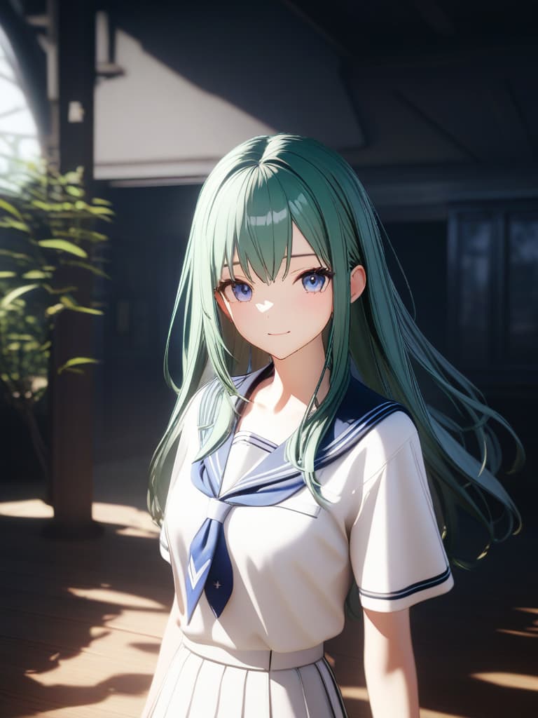  1girl,18yo,green hair,long hair,blue eyes,school uniform,light smile,3d,game cg,, masterpiece, best quality,8k,ultra detailed,high resolution,an extremely delicate and beautiful,hyper detail