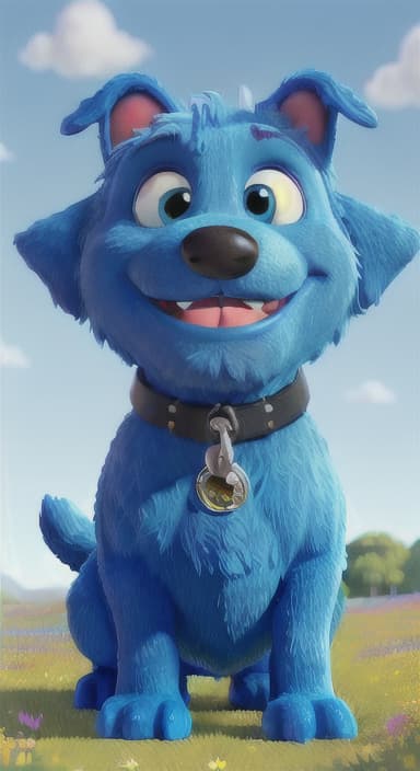  {A happy, big blue dog wagging its tail in a colorful meadow, The big blue dog is large with sky blue fur, big round eyes, a black nose, and floppy ears.