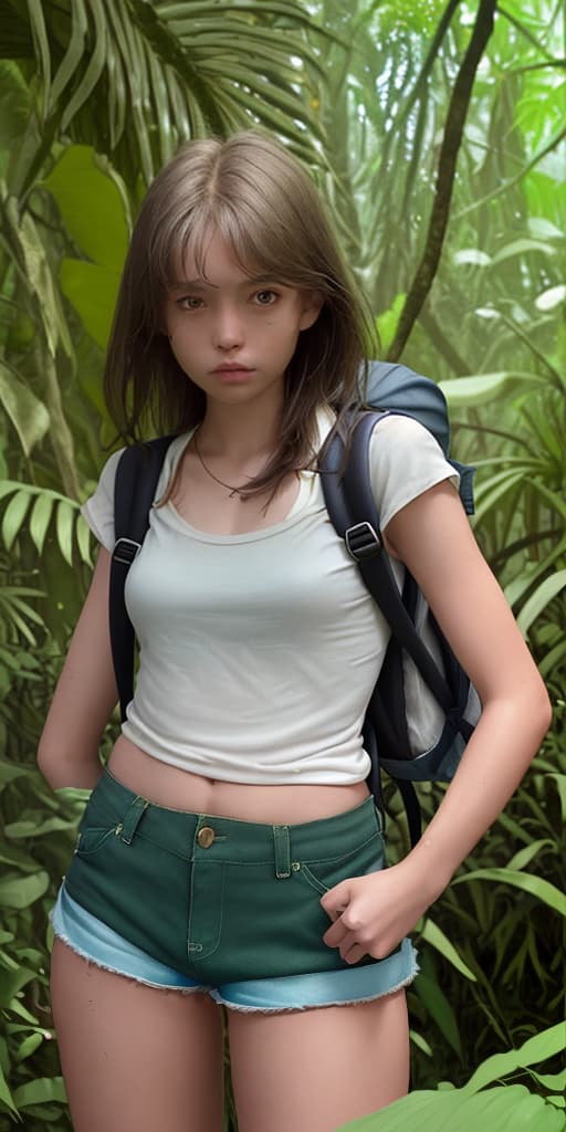  girl-in the jungle, in torn shorts, with a backpack, lost