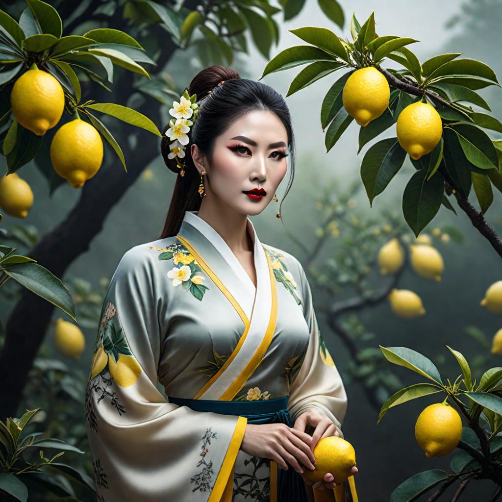  I want to see the lemon tree with Chinese painting art. hyperrealistic, full body, detailed clothing, highly detailed, cinematic lighting, stunningly beautiful, intricate, sharp focus, f/1. 8, 85mm, (centered image composition), (professionally color graded), ((bright soft diffused light)), volumetric fog, trending on instagram, trending on tumblr, HDR 4K, 8K