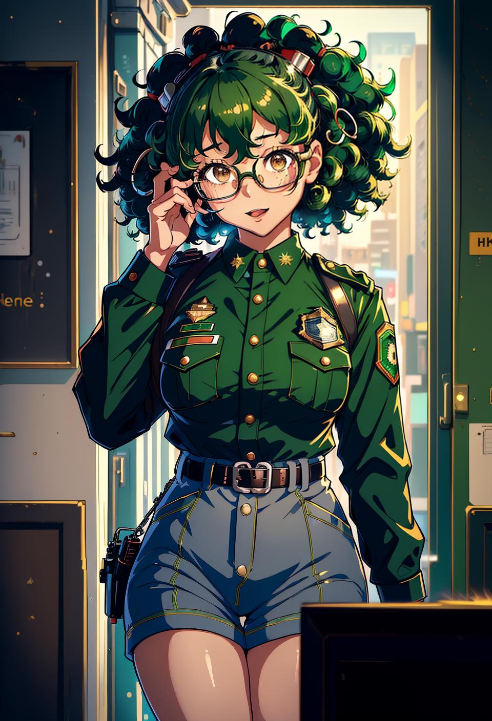  ((trending, highres, masterpiece, cinematic shot)), 1girl, chibi, female police uniform, Christmas scene, long curly dark green hair, afro, narrow brown eyes, sarcastic personality, happy expression, glasses, grey skin, chaotic, observant