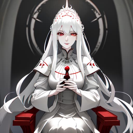  a girl manhua character with white hair and red eyes with white skin wearing noble dress and siting on the throne hyperrealistic, full body, detailed clothing, highly detailed, cinematic lighting, stunningly beautiful, intricate, sharp focus, f/1. 8, 85mm, (centered image composition), (professionally color graded), ((bright soft diffused light)), volumetric fog, trending on instagram, trending on tumblr, HDR 4K, 8K