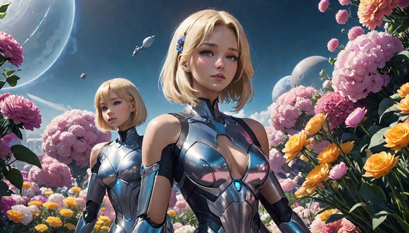  2girls, large busted attractive blonde arian female humanoids, offering flowers to each other, serene celestial background, high tech clothing clad in sleek, futuristic costume with metallic accents and form fitting designs, marvel superhero comics style, unreal engine rendering