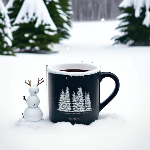  Generate a cozy winter playlist logo featuring snow-covered pine trees and a warm mug of cocoa. Convey a sense of warmth and tranquility