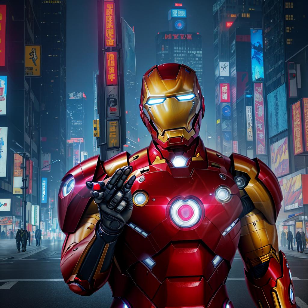  masterpiece, best quality, masterpiece, 8k resolution, realistic, highly detailed, Iron Man close-up. He stands on a street lined with tall buildings in a cyberpunk style city at night. The city's night lights are bright, and the surrounding buildings and streets are full of cyberpunk elements such as neon lights, high-tech equipment and futuristic architectural design.