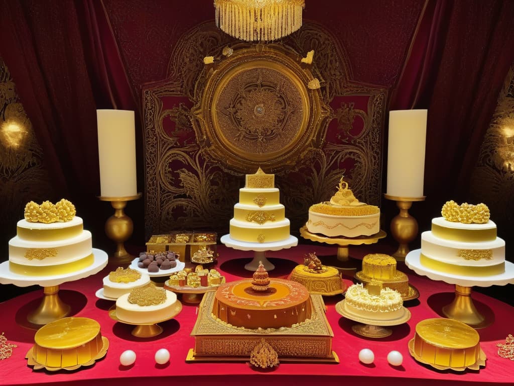  A photorealistic image of a decadent dessert table inspired by Byzantine iconography, featuring intricately decorated pastries and cakes adorned with gold leaf, jewels, and intricate patterns reminiscent of religious art. The desserts are displayed on ornate golden platters against a backdrop of richly colored tapestries and flickering candlelight, creating a sumptuous and reverent atmosphere. hyperrealistic, full body, detailed clothing, highly detailed, cinematic lighting, stunningly beautiful, intricate, sharp focus, f/1. 8, 85mm, (centered image composition), (professionally color graded), ((bright soft diffused light)), volumetric fog, trending on instagram, trending on tumblr, HDR 4K, 8K