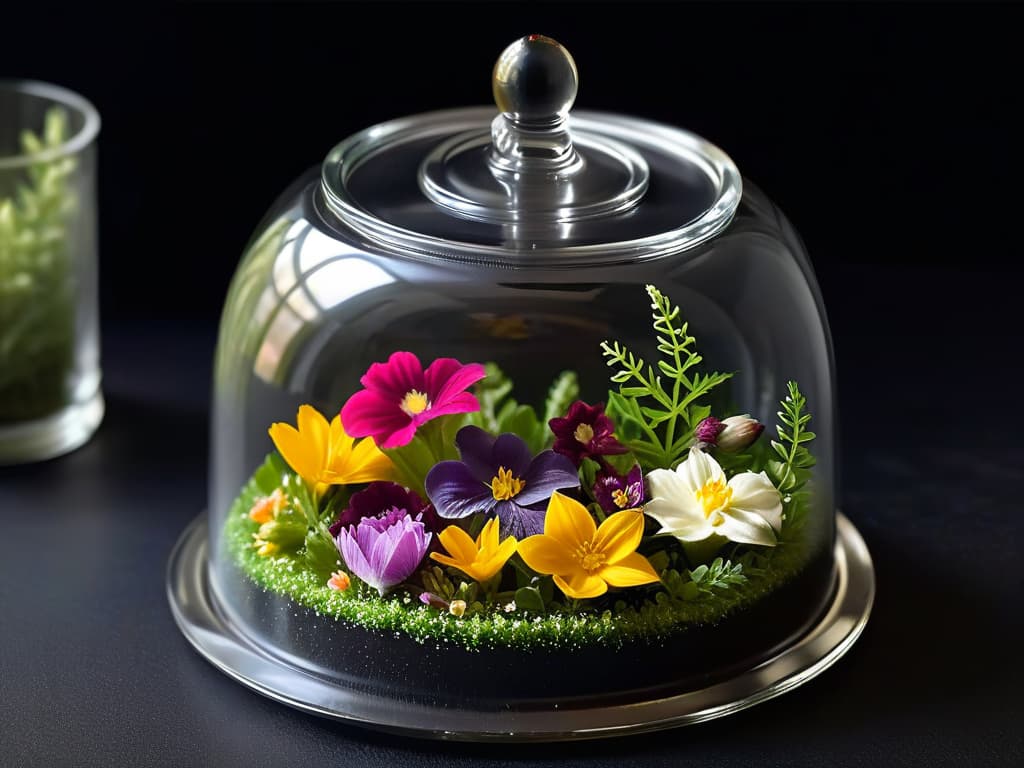  A highresolution, ultradetailed image of a delicate, transparent sugar dome encapsulating a miniature garden of edible flowers and herbs, set against a sleek, black background. The intricate details of the sugar dome reflect the surroundings, creating a mesmerizing play of light and shadow. The vibrant colors of the flowers pop against the monochromatic backdrop, evoking a sense of elegance and sophistication that perfectly complements the concept of molecular gastronomy. hyperrealistic, full body, detailed clothing, highly detailed, cinematic lighting, stunningly beautiful, intricate, sharp focus, f/1. 8, 85mm, (centered image composition), (professionally color graded), ((bright soft diffused light)), volumetric fog, trending on instagram, trending on tumblr, HDR 4K, 8K