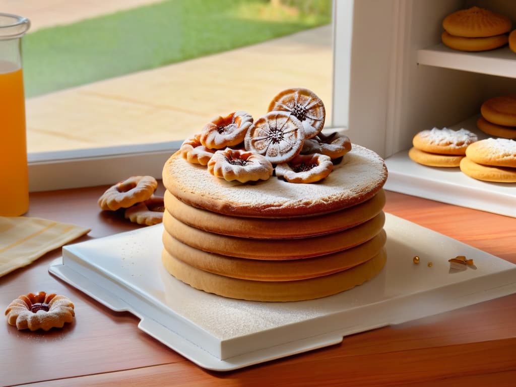  A photorealistic image of a beautifully styled kitchen counter filled with an assortment of freshly baked goods like golden brown cookies, fluffy cakes, and glazed pastries, all sweetened with rich, caramelcolored panela. The sunlight streaming through a nearby window catches the sugary crystals of panela sprinkled on top of the treats, creating a warm and inviting atmosphere that highlights the natural sweetness and benefits of using panela in baking. hyperrealistic, full body, detailed clothing, highly detailed, cinematic lighting, stunningly beautiful, intricate, sharp focus, f/1. 8, 85mm, (centered image composition), (professionally color graded), ((bright soft diffused light)), volumetric fog, trending on instagram, trending on tumblr, HDR 4K, 8K