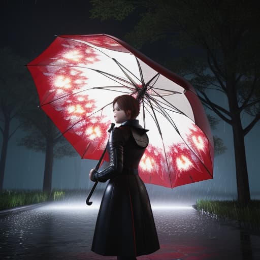  Resident Evil's Umbrella Corporation red and white umbrella design, an enchanting figure made of enchanted flames stands holding a magnificent umbrella made of cascading raindrops that resemble sparkling diamonds. This image is a breathtaking painting that captures the magical scene with vivid detail. The flames flicker with a mesmerizing glow, casting a warm and inviting light. The umbrella appears to shimmer and glisten as the raindrops fall gracefully, creating a sense of wonder and enchantment. The overall composition is spellbinding, showcasing a perfect harmony between fire and water elements. photorealism fantasy, unreal engine 5, concept, umbrella corporation art design, , hyperrealistic, high quality, highly detailed, cinematic lig