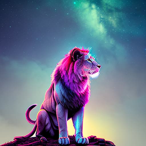 nvinkpunk a lion sitting at the edge of a mountain and all the trees are behind him it is night and the stars are sparkling he is seeing the moon hyperrealistic, full body, detailed clothing, highly detailed, cinematic lighting, stunningly beautiful, intricate, sharp focus, f/1. 8, 85mm, (centered image composition), (professionally color graded), ((bright soft diffused light)), volumetric fog, trending on instagram, trending on tumblr, HDR 4K, 8K