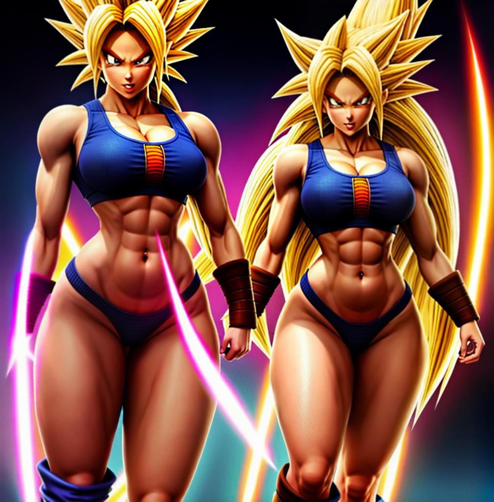  ((foto de cuerpo completo, pie plano, cuerpo recto)), ((laura {Super Super Saiyan mujer con grandes pechos})), ((lleva puesto son goku+Los disfraces de ella son extremadamente ajustados a su cuerpo.))