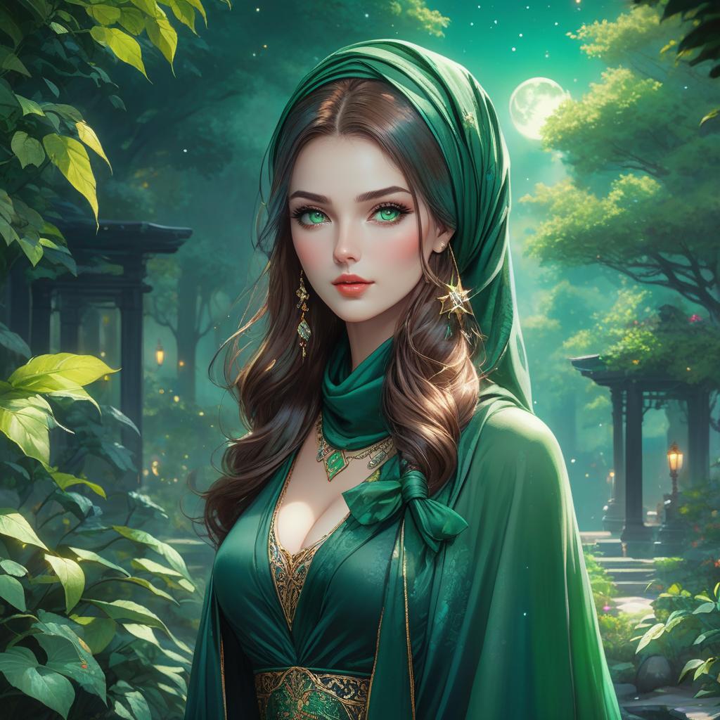  retro game art In a garden of emerald, a vision serene, A lady in green, a living dream. A headscarf of jade, gracefully tied, Like nature's embrace, where beauty resides. Her eyes, deep pools of verdant grace, Reflect the hues of a tranquil space. In shades of moss, her attire weaves, A tapestry of calm, like rustling leaves. mystical watercolor painting girl with deep green eyes, green head scarf and shawl, at mysticaldark deep dark black night, full moon, stars, flow, watercolor, detailed matte painting, deep color, fantastical, intricate detail, splash screen, complementary colors, fantasy concept art, 8k resolution trending on Artstation Unreal Engine 5 . 16 bit, vibrant colors, pixelated, nostalgic, charming, fun hyperrealistic, full body, detailed clothing, highly detailed, cinematic lighting, stunningly beautiful, intricate, sharp focus, f/1. 8, 85mm, (centered image composition), (professionally color graded), ((bright soft diffused light)), volumetric fog, trending on instagram, trending on tumblr, HDR 4K, 8K