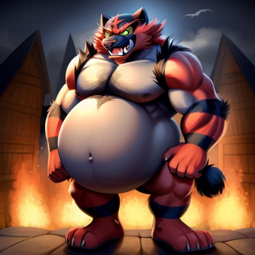  Incineroar, male, vore, big belly, open eyes, digital art, masterpiece, 4k, fine details,