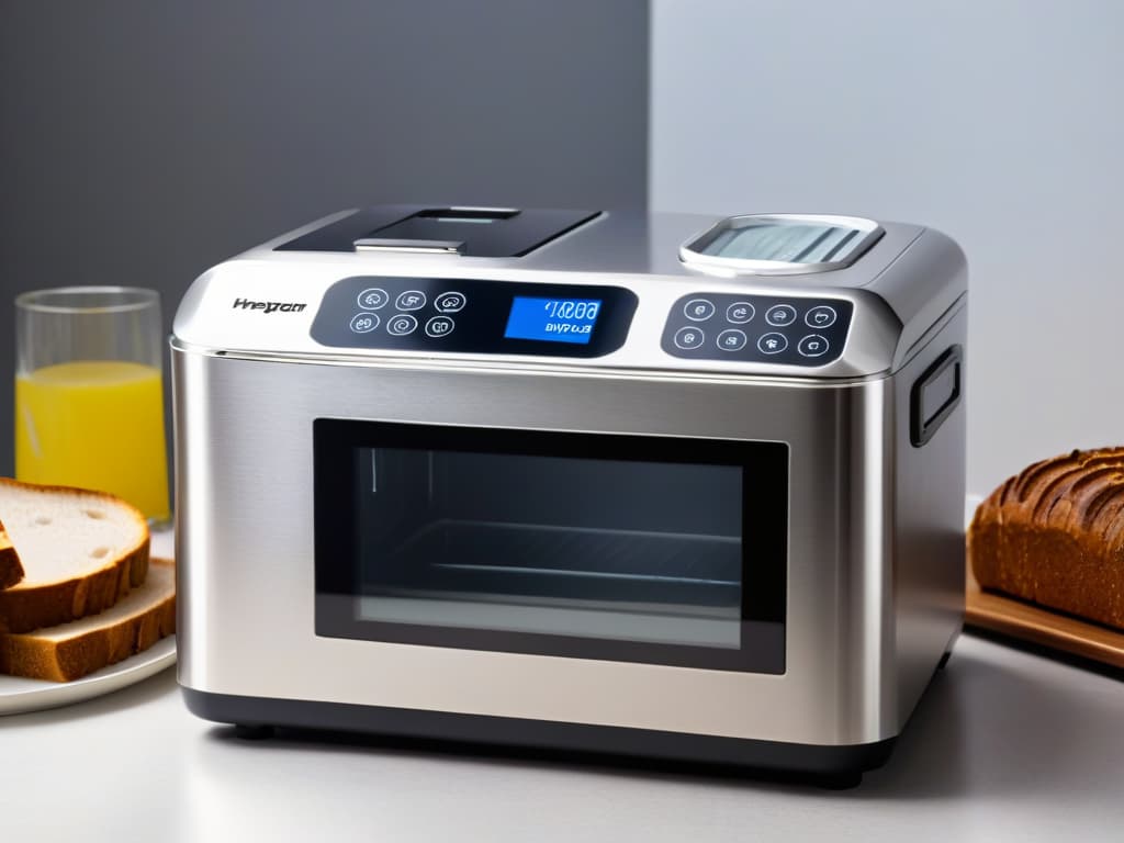  A closeup, ultradetailed image of a sleek, modern bread maker with a touch screen display, illuminated by soft ambient light, showcasing the intricate details of the control panel and stainless steel finish. hyperrealistic, full body, detailed clothing, highly detailed, cinematic lighting, stunningly beautiful, intricate, sharp focus, f/1. 8, 85mm, (centered image composition), (professionally color graded), ((bright soft diffused light)), volumetric fog, trending on instagram, trending on tumblr, HDR 4K, 8K