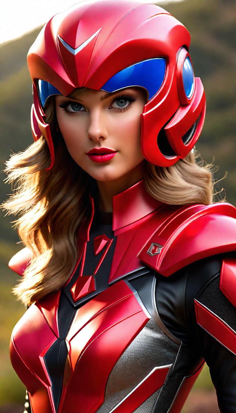  Professional 3D model of Taylor Swift as a Red Power Ranger helmet on visor down . Rendered with Octane, the model is highly detailed,dramatic lighting. hyperrealistic, full body, detailed clothing, highly detailed, cinematic lighting, stunningly beautiful, intricate, sharp focus, f/1. 8, 85mm, (centered image composition), (professionally color graded), ((bright soft diffused light)), volumetric fog, trending on instagram, trending on tumblr, HDR 4K, 8K