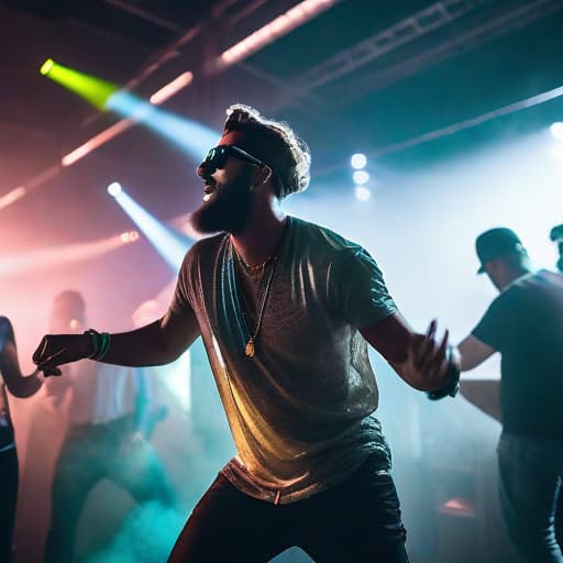  a guy dancing in a rave party, cigaret in left hand, beer in right hand hyperrealistic, full body, detailed clothing, highly detailed, cinematic lighting, stunningly beautiful, intricate, sharp focus, f/1. 8, 85mm, (centered image composition), (professionally color graded), ((bright soft diffused light)), volumetric fog, trending on instagram, trending on tumblr, HDR 4K, 8K