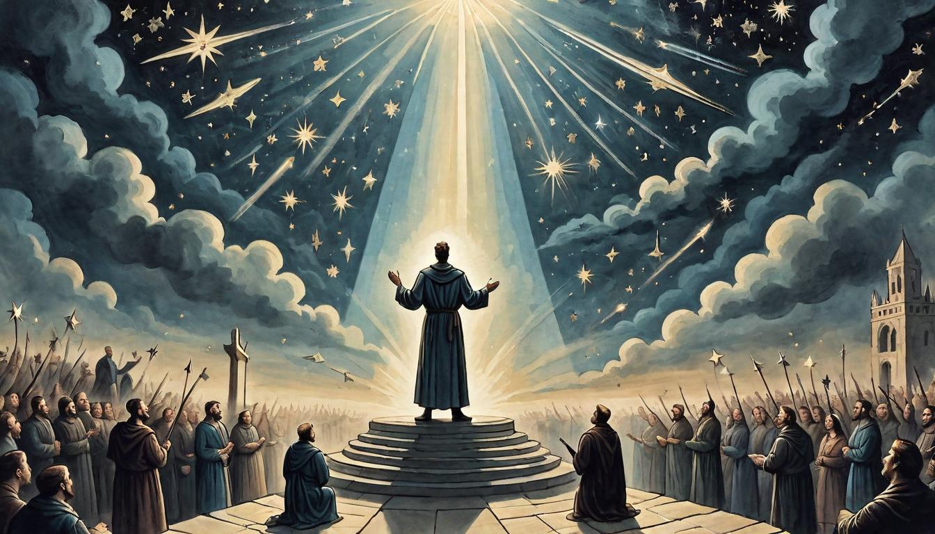  on parchment, surrealism+++, A central figure standing on a podium, voice depicted as beams of light, crowd in various poses of realization and enlightenment, background of dark sky with shooting stars, guiding, illuminating(mysterious, provocative, symbolic,muted color)+++