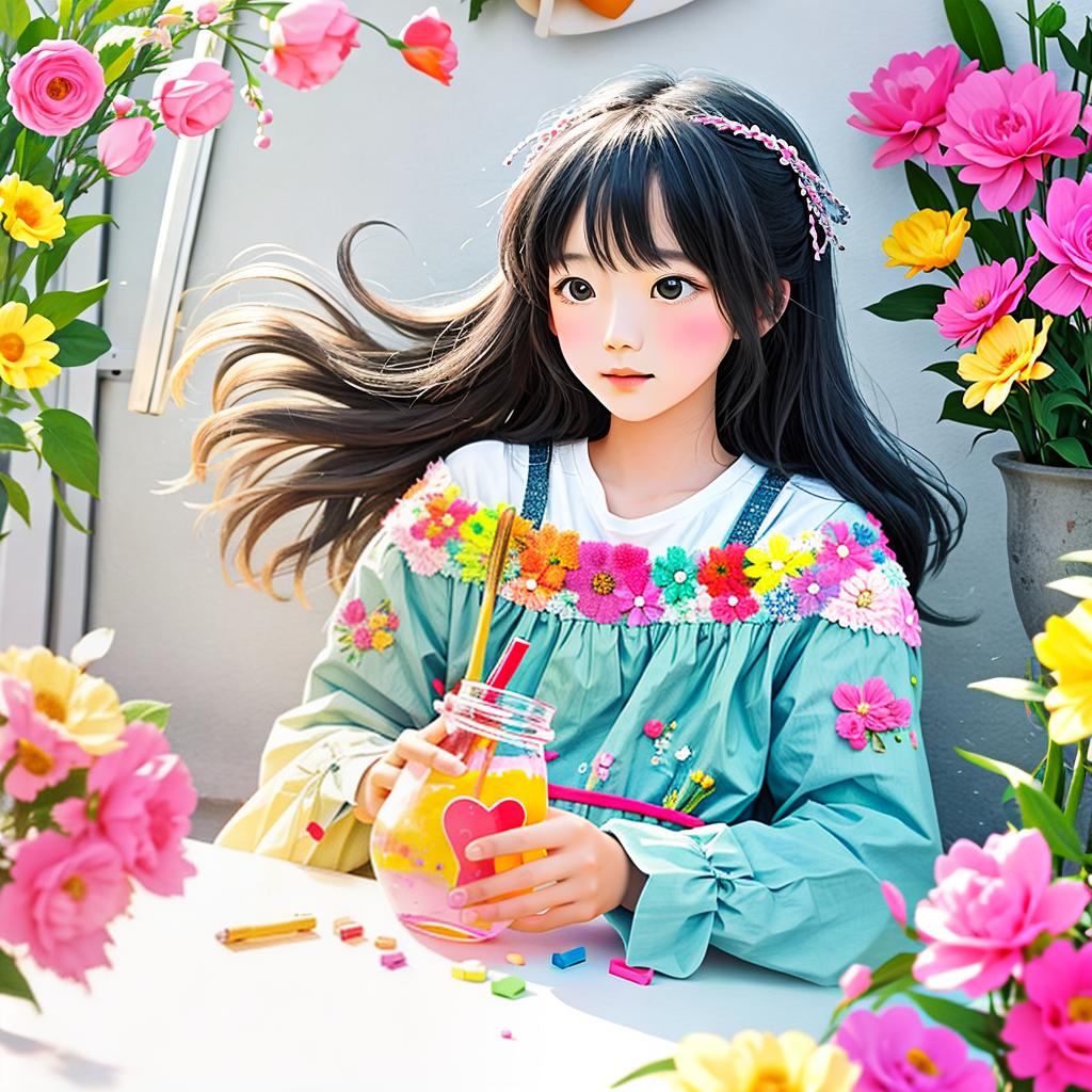  with a crayon art style, A charming scene unfolds as a girl delicately places vibrant flowers into an enchanting crayon rendered vase.