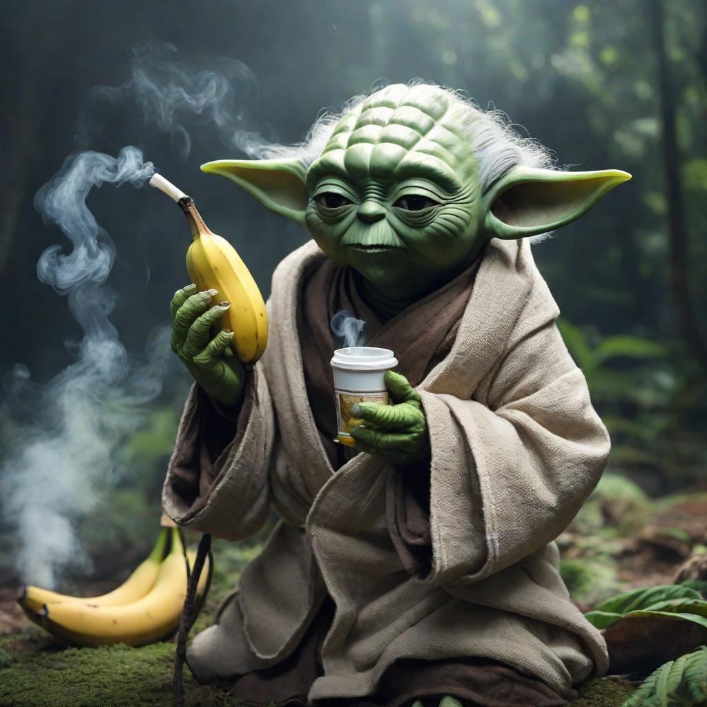  yoda smoking a banana, cute, hyper detail, full HD hyperrealistic, full body, detailed clothing, highly detailed, cinematic lighting, stunningly beautiful, intricate, sharp focus, f/1. 8, 85mm, (centered image composition), (professionally color graded), ((bright soft diffused light)), volumetric fog, trending on instagram, trending on tumblr, HDR 4K, 8K