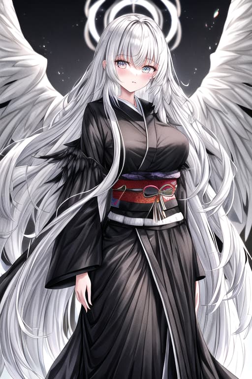  long shiny har,white hair,costume black and white symbolizing balance,constume of women warrior,magic,detailed,light eyes colour of a sky,kimono,black and white wings,big wings