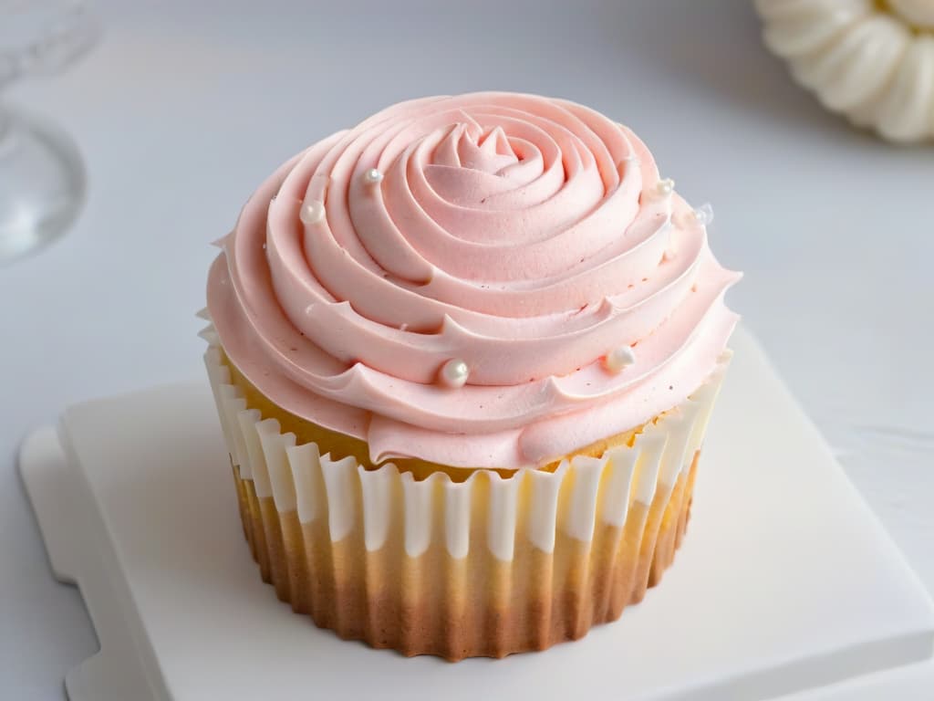  An ultradetailed closeup image of a perfectly piped swirl of pastel pink buttercream frosting on a freshly baked cupcake, showcasing intricate details and smooth texture, with tiny edible pearl sprinkles delicately placed on top, set against a clean white background to highlight the artistry and precision of a professional pastry chef. hyperrealistic, full body, detailed clothing, highly detailed, cinematic lighting, stunningly beautiful, intricate, sharp focus, f/1. 8, 85mm, (centered image composition), (professionally color graded), ((bright soft diffused light)), volumetric fog, trending on instagram, trending on tumblr, HDR 4K, 8K