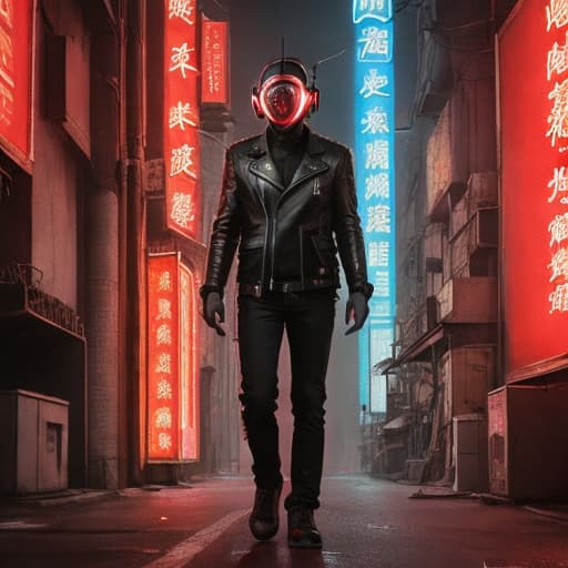  Art nouveau, the atmosphere of Spring Festival, a c with a headset monitor, Chinese, Cyberpunk Mixed Apparel, Leather jacket, styling features of Chinese crown, Embedded in the arm, mechanical exoskeleton, Gl mask, chip, circuit map, delicate structure, Streamlined design, technology sense, Chinese red atmosphere, Background is a Sebo city, volume light, top light, Cyberpunk light, red and black, Portrait photography, facing the lens , Kubrick staring, CG character, cyberpunk style, Go fashion