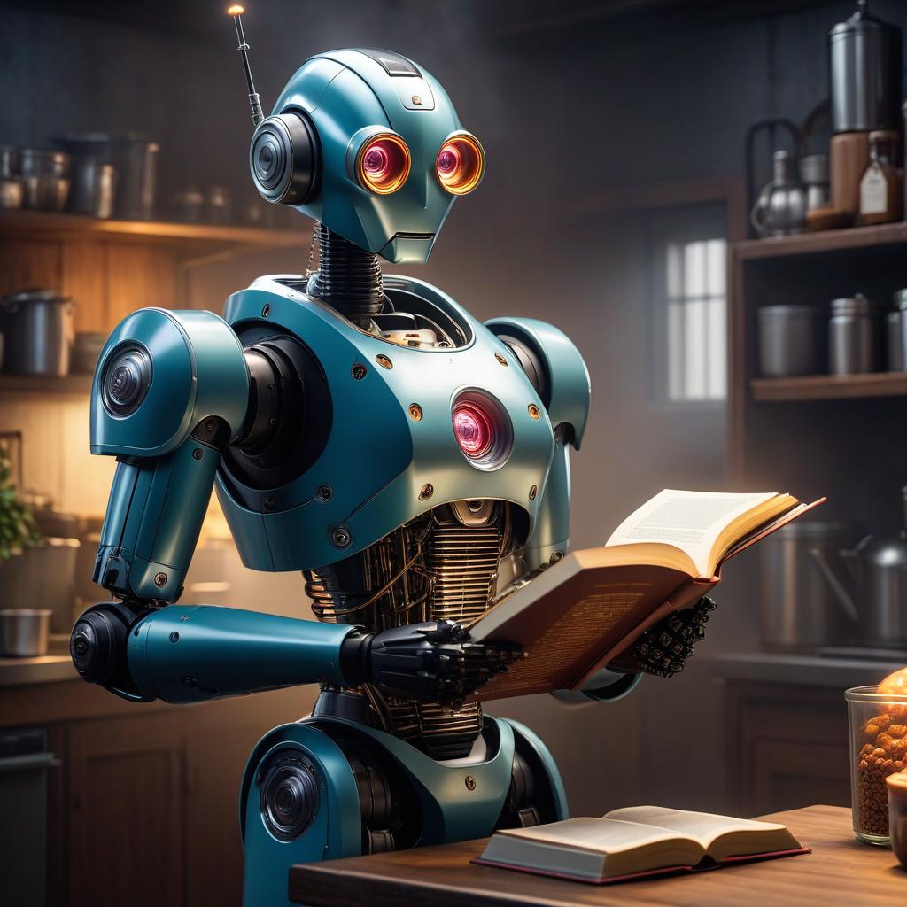  A photo of a loving robot with a big recipe book. Finish! hyperrealistic, full body, detailed clothing, highly detailed, cinematic lighting, stunningly beautiful, intricate, sharp focus, f/1. 8, 85mm, (centered image composition), (professionally color graded), ((bright soft diffused light)), volumetric fog, trending on instagram, trending on tumblr, HDR 4K, 8K