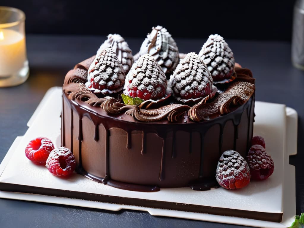  A closeup, ultradetailed image of a decadent chocolate teff cake garnished with fresh raspberries on a sleek, minimalist plate. The cake is perfectly moist and rich, with a glossy chocolate glaze drizzling down the sides. The vibrant red raspberries provide a pop of color against the dark chocolate backdrop, highlighting the luxurious yet glutenfree nature of the dessert. hyperrealistic, full body, detailed clothing, highly detailed, cinematic lighting, stunningly beautiful, intricate, sharp focus, f/1. 8, 85mm, (centered image composition), (professionally color graded), ((bright soft diffused light)), volumetric fog, trending on instagram, trending on tumblr, HDR 4K, 8K