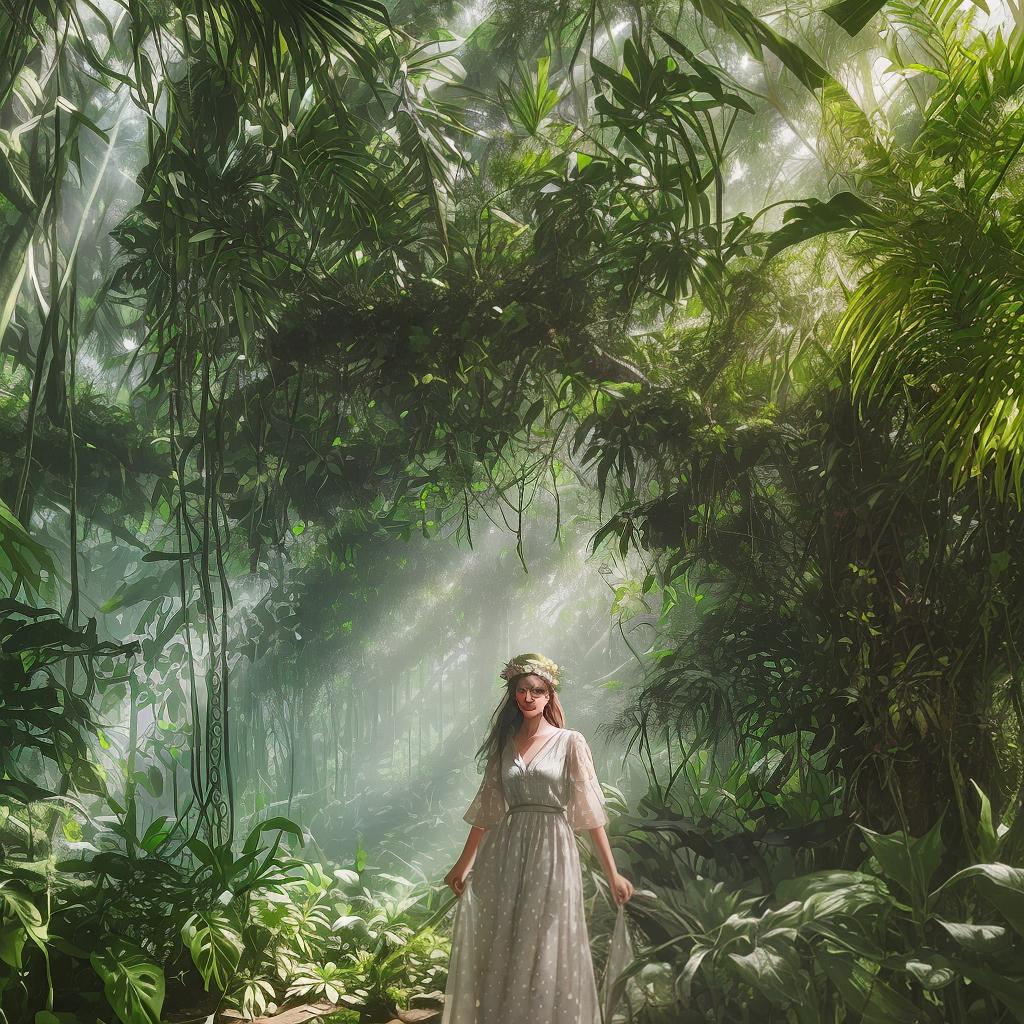  masterpiece, best quality, In a secluded tropical paradise, a wearing a stylish polka dot stands amidst a lush jungle backdrop. Sunlight filters through the dense foliage, casting dappled shadows on her bronzed skin. The air is with humidity, and the sound of exotic bird calls fills the air, creating a sense of mystery and adventure. The photograph captures a moment of tranquility and connection with nature, evoking a feeling of wander and exploration. With a vintage-inspired aesthetic, the image features soft, muted tones and a slightly faded appearance, reminiscent of old film photographs. Realized with the dreamy qualities of Fujifilm Pro 400H film, the photograph exudes a timeless and ethereal beauty.