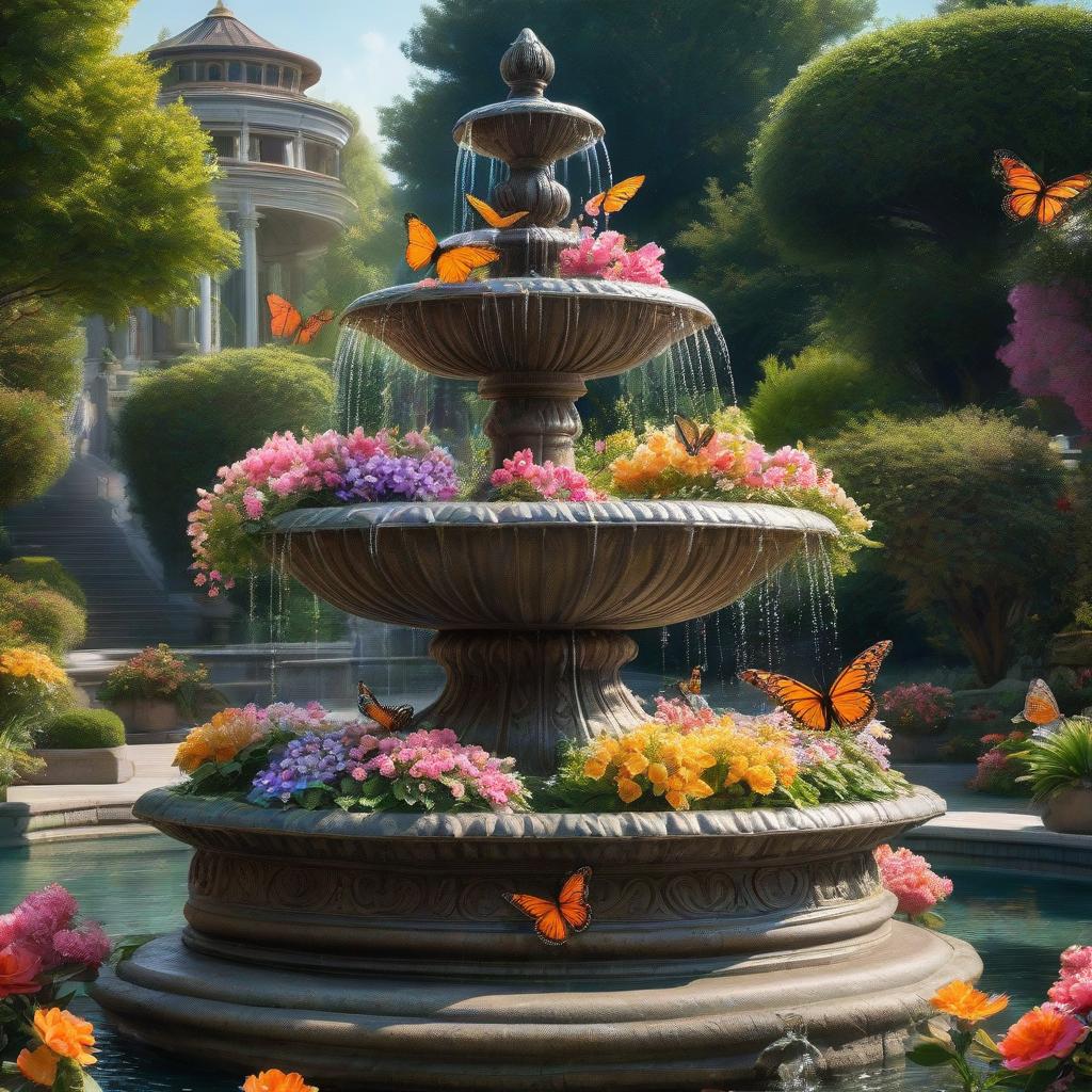  Three tiered fountain with flowers and butterflies, fantasy, beautiful, realistic,micro detailingrawoil painting, deep shadow hyperrealistic, full body, detailed clothing, highly detailed, cinematic lighting, stunningly beautiful, intricate, sharp focus, f/1. 8, 85mm, (centered image composition), (professionally color graded), ((bright soft diffused light)), volumetric fog, trending on instagram, trending on tumblr, HDR 4K, 8K