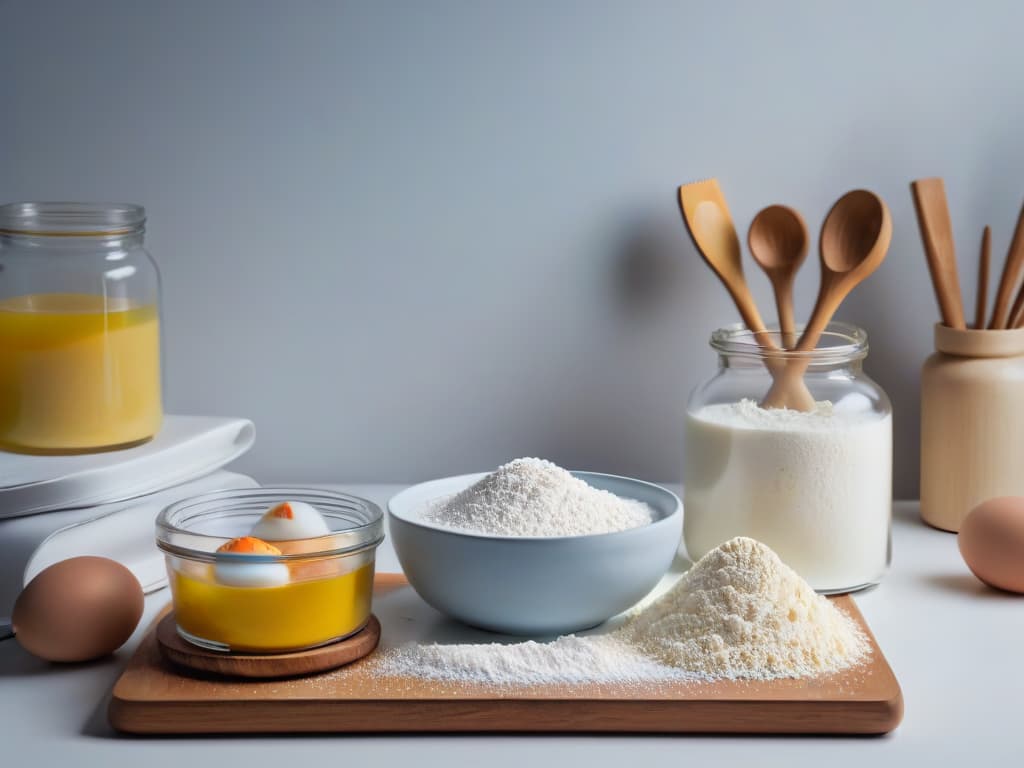  A minimalistic, ultradetailed image of a pristine white kitchen countertop with an assortment of perfectly arranged baking ingredients and tools: flour in a glass jar, eggs in a ceramic bowl, a vintage wooden rolling pin, a stack of pastelcolored measuring cups, a sieve with powdered sugar, and a sleek digital scale displaying precise measurements. The lighting is soft and natural, casting gentle shadows that add depth to the scene, creating a serene and elegant composition that embodies the essence of efficient and mindful baking. hyperrealistic, full body, detailed clothing, highly detailed, cinematic lighting, stunningly beautiful, intricate, sharp focus, f/1. 8, 85mm, (centered image composition), (professionally color graded), ((bright soft diffused light)), volumetric fog, trending on instagram, trending on tumblr, HDR 4K, 8K