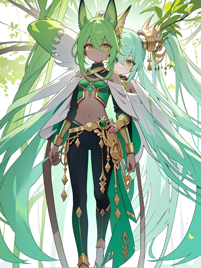  Green hair characters and Anubis are standing on the back, masterpiece, best quality,8k,ultra detailed,high resolution,an extremely delicate and beautiful,hyper detail