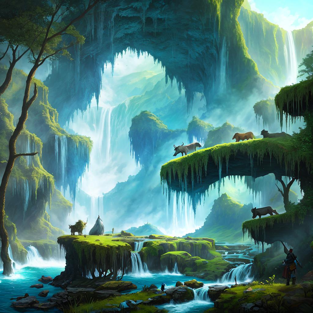  in a fantasy setting, Paint a surreal landscape where mythical beasts roam amidst cascading waterfalls.