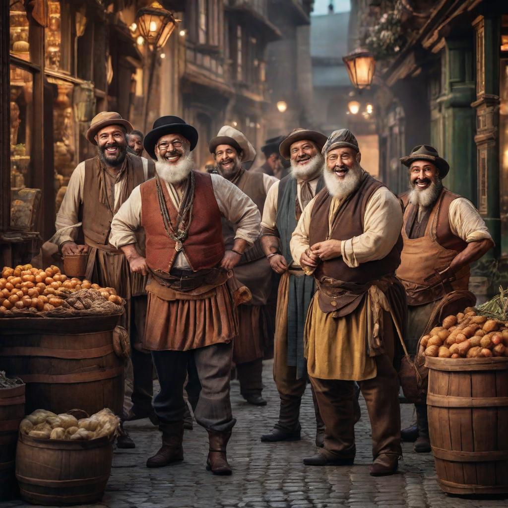  A joyful group of merchants full of funny and energy hyperrealistic, full body, detailed clothing, highly detailed, cinematic lighting, stunningly beautiful, intricate, sharp focus, f/1. 8, 85mm, (centered image composition), (professionally color graded), ((bright soft diffused light)), volumetric fog, trending on instagram, trending on tumblr, HDR 4K, 8K