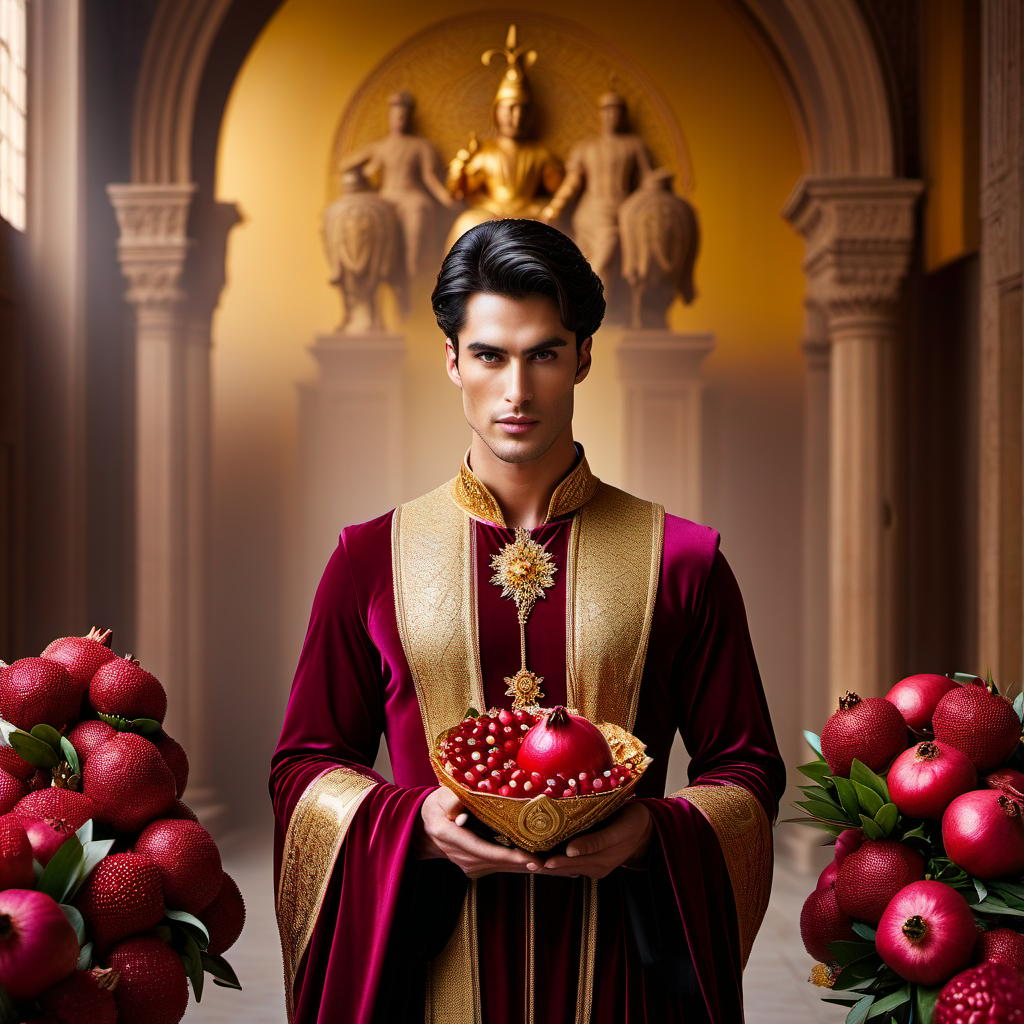  cinematic photo A young man with dark hair wearing a biblical costume holds a pomegranate in one hand and a bouquet of flowers in the other. The background is gold with the style of an icon. . 35mm photograph, film, bokeh, professional, 4k, highly detailed hyperrealistic, full body, detailed clothing, highly detailed, cinematic lighting, stunningly beautiful, intricate, sharp focus, f/1. 8, 85mm, (centered image composition), (professionally color graded), ((bright soft diffused light)), volumetric fog, trending on instagram, trending on tumblr, HDR 4K, 8K