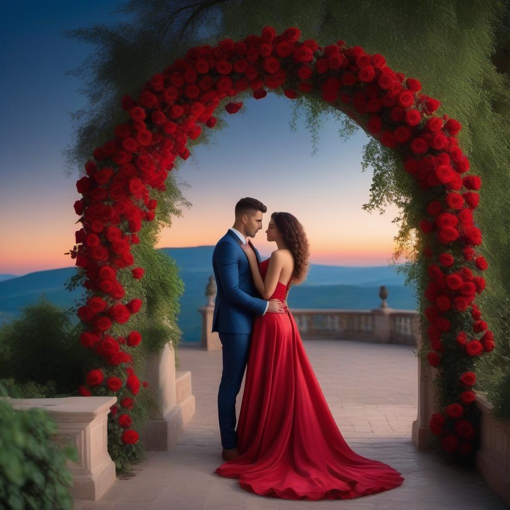  An arch of a curly scarlet rose, under the arch, a young woman in an evening dress, long hair is beautifully laid, next to a young man in a fashionable suit, a night landscape romantically