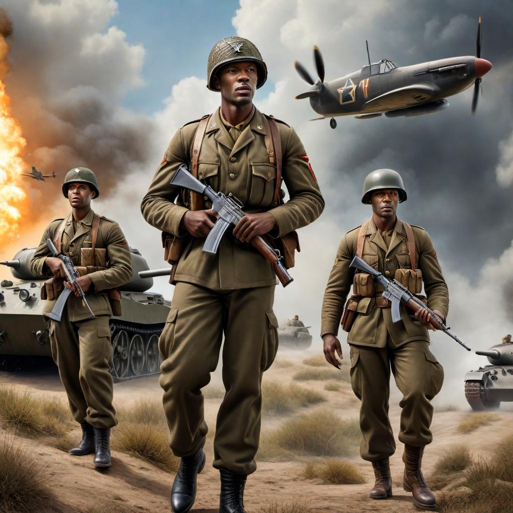  An artistic representation of Black soldiers in World War II, showcasing their bravery and contributions on the battlefield with a historical background showing elements such as tanks, airplanes, and iconic wartime scenery. hyperrealistic, full body, detailed clothing, highly detailed, cinematic lighting, stunningly beautiful, intricate, sharp focus, f/1. 8, 85mm, (centered image composition), (professionally color graded), ((bright soft diffused light)), volumetric fog, trending on instagram, trending on tumblr, HDR 4K, 8K