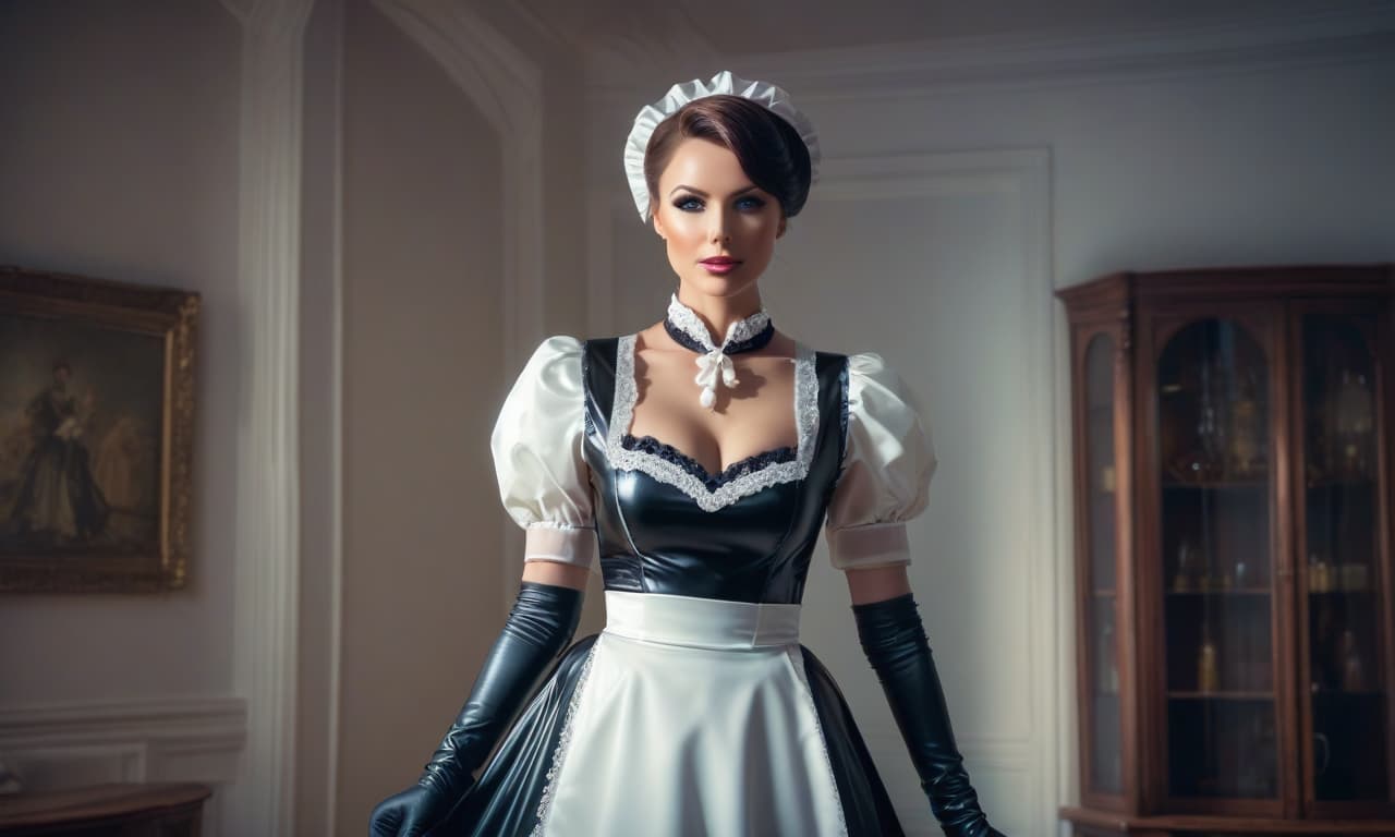  latex housemaid in gloves hyperrealistic, full body, detailed clothing, highly detailed, cinematic lighting, stunningly beautiful, intricate, sharp focus, f/1. 8, 85mm, (centered image composition), (professionally color graded), ((bright soft diffused light)), volumetric fog, trending on instagram, trending on tumblr, HDR 4K, 8K