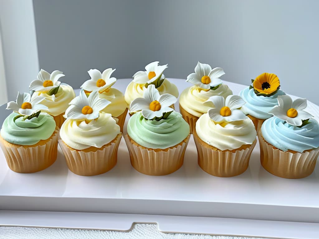  A minimalistic image of a pristine white kitchen counter adorned with an array of intricately decorated cupcakes in pastel hues, each topped with delicate fondant flowers and elegant piping details. The soft natural light cascading onto the cupcakes creates a play of light and shadow, enhancing the exquisite craftsmanship of these delectable treats. The image exudes a sense of precision and artistry, inviting the viewer to delve into the world of specialized pastry certifications for creating such small delights. hyperrealistic, full body, detailed clothing, highly detailed, cinematic lighting, stunningly beautiful, intricate, sharp focus, f/1. 8, 85mm, (centered image composition), (professionally color graded), ((bright soft diffused light)), volumetric fog, trending on instagram, trending on tumblr, HDR 4K, 8K