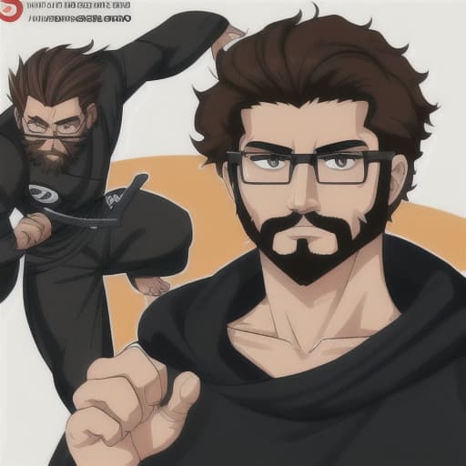  Logo brand named "Dee" for game and anime streamer, curly brown hair persian man with Glasses and short beard, ninja cyborg male