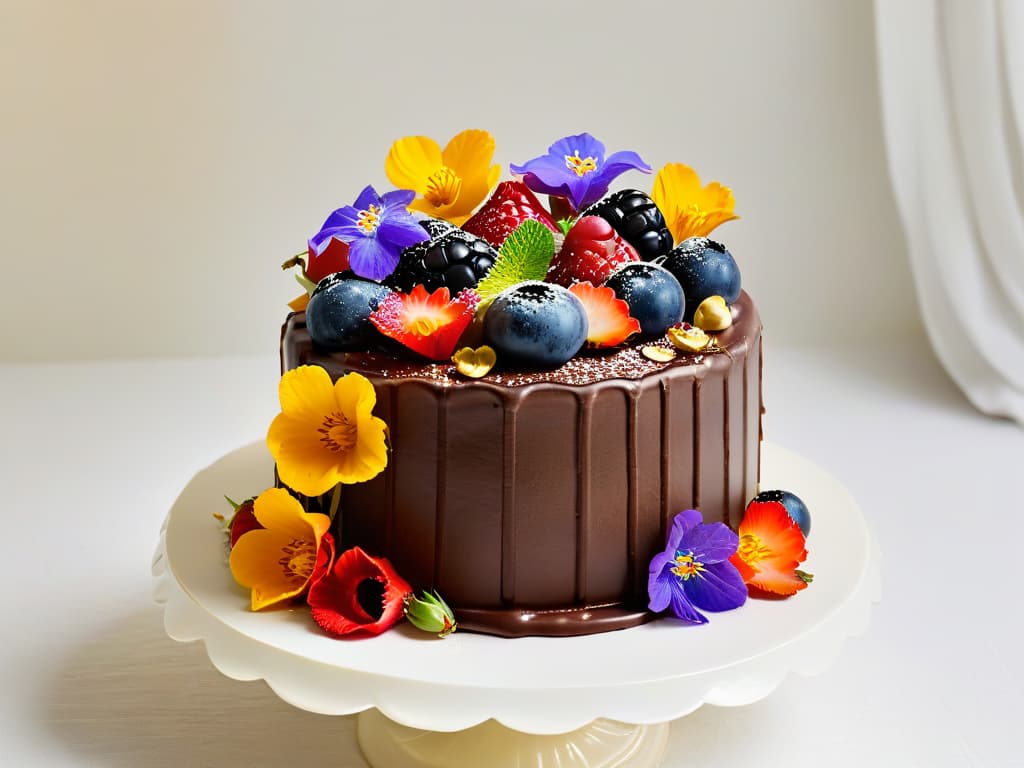  A photorealistic image of a beautifully intricate chocolate cake adorned with vibrant edible flowers, delicate gold leaf accents, and fresh berries, all sourced from Fair Trade ingredients. The cake is elegantly displayed on a pristine white cake stand, set against a softfocused background that enhances its luxurious and exclusive appearance. hyperrealistic, full body, detailed clothing, highly detailed, cinematic lighting, stunningly beautiful, intricate, sharp focus, f/1. 8, 85mm, (centered image composition), (professionally color graded), ((bright soft diffused light)), volumetric fog, trending on instagram, trending on tumblr, HDR 4K, 8K