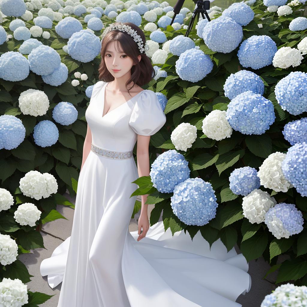  masterpiece, best quality, (Fidelity: 1.4), Best quality, Masterpiece, Ultra high definition, 8k resolution, Girl taking photos on set, white roses, hydrangeas, thin silk fabric