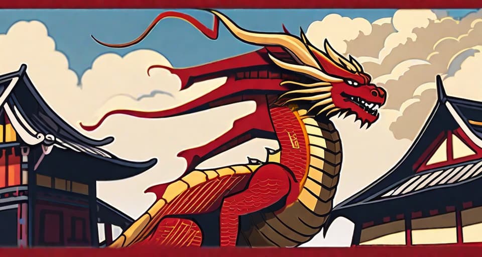  a red and gold dragon with a village background