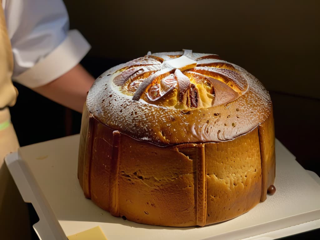  A closeup, ultradetailed image of a perfectly risen panettone, showcasing its goldenbrown crust glistening under a soft light. The intricate patterns on the surface created during the proofing process are visible, highlighting the care and precision required in selecting the right yeast for this premium delicacy. hyperrealistic, full body, detailed clothing, highly detailed, cinematic lighting, stunningly beautiful, intricate, sharp focus, f/1. 8, 85mm, (centered image composition), (professionally color graded), ((bright soft diffused light)), volumetric fog, trending on instagram, trending on tumblr, HDR 4K, 8K