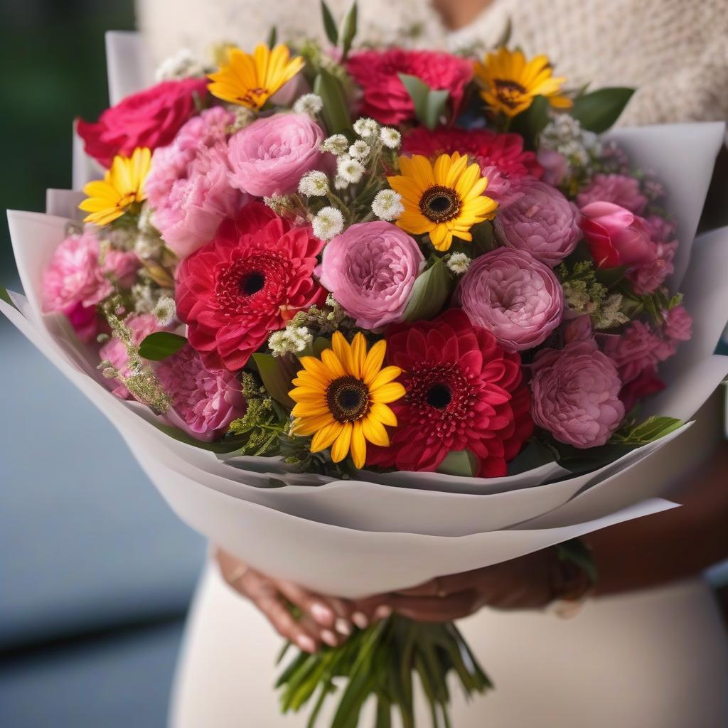  A plush bouquet of beautiful flowers in a pretty package. hyperrealistic, full body, detailed clothing, highly detailed, cinematic lighting, stunningly beautiful, intricate, sharp focus, f/1. 8, 85mm, (centered image composition), (professionally color graded), ((bright soft diffused light)), volumetric fog, trending on instagram, trending on tumblr, HDR 4K, 8K