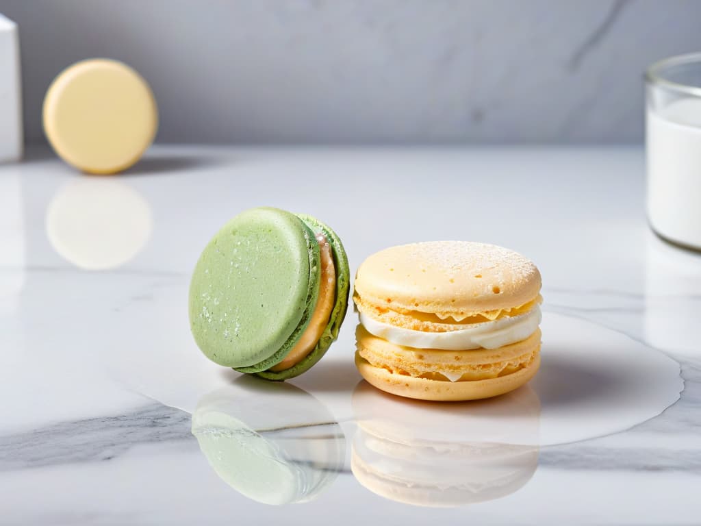  A closeup, ultradetailed image of a perfectly shaped, pastelcolored healthy macaron resting on a sleek, modern marble countertop. The macaron is delicately dusted with powdered sugar, showcasing its smooth, glossy surface and intricate details like the ruffled edges and tiny feet. The soft natural lighting highlights the subtle gradient of the macaron's color, evoking a sense of elegance and sophistication. hyperrealistic, full body, detailed clothing, highly detailed, cinematic lighting, stunningly beautiful, intricate, sharp focus, f/1. 8, 85mm, (centered image composition), (professionally color graded), ((bright soft diffused light)), volumetric fog, trending on instagram, trending on tumblr, HDR 4K, 8K