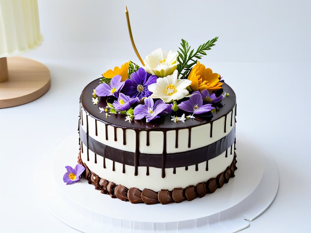  An intricately designed, minimalist black and white illustration of a multilayered vegan glutenfree cake adorned with delicate edible flowers and drizzled with a glossy, decadent chocolate ganache. The cake sits on a sleek, modern cake stand against a clean, white background, exuding elegance and sophistication. The fine details of the different cake layers, frosting, and floral decorations are expertly captured, showcasing the artistry and beauty of vegan glutenfree baking. hyperrealistic, full body, detailed clothing, highly detailed, cinematic lighting, stunningly beautiful, intricate, sharp focus, f/1. 8, 85mm, (centered image composition), (professionally color graded), ((bright soft diffused light)), volumetric fog, trending on instagram, trending on tumblr, HDR 4K, 8K