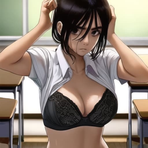  a teacher in a teacher's costume, teaching a lesson in a bra; due to the intense heat in the classroom, everyone is sweating.